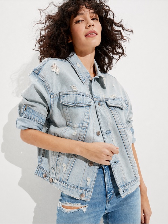 American Eagle Outfitters Jackets & Blazers - American Eagle Oversized Boyfriend Distressed Jean Jacket Women’s Size Large